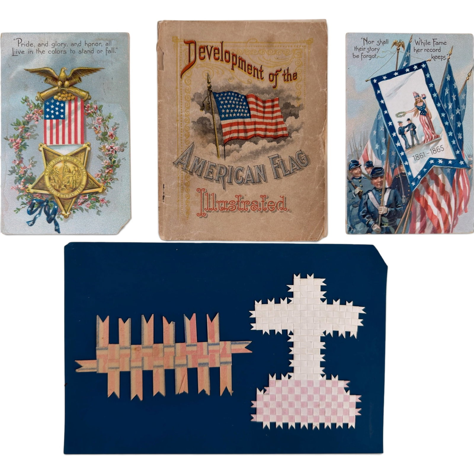 GROUPING of PATRIOTIC EPHEMERA: Including: Grand Army of the Republic and Civil War Memorial postcards, monograph on the Development of the American Flag Illustrated and (2) cut and wove paper whimsies 6 x 4.5 inches