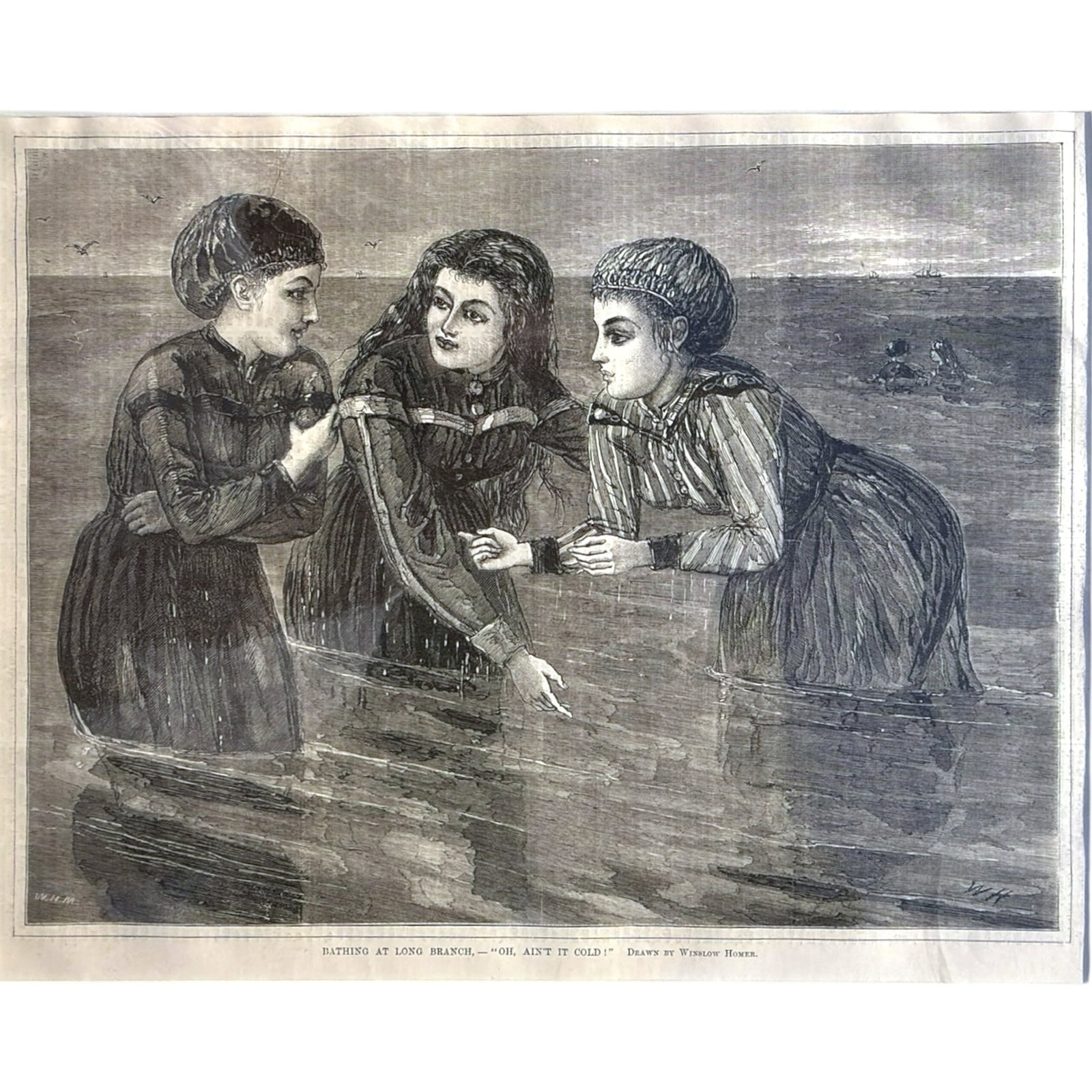 1871 WINSLOW HOMER, FROM HARPERS WEEKLY: August 26th, 1871 tear from Harpers Weekly. Lithograph drawn by Winslow Homer. "Bathing at Long Branch - Ain't it Cold". Matted and backed. Inside matte measures 10 h, 12 1/2" w