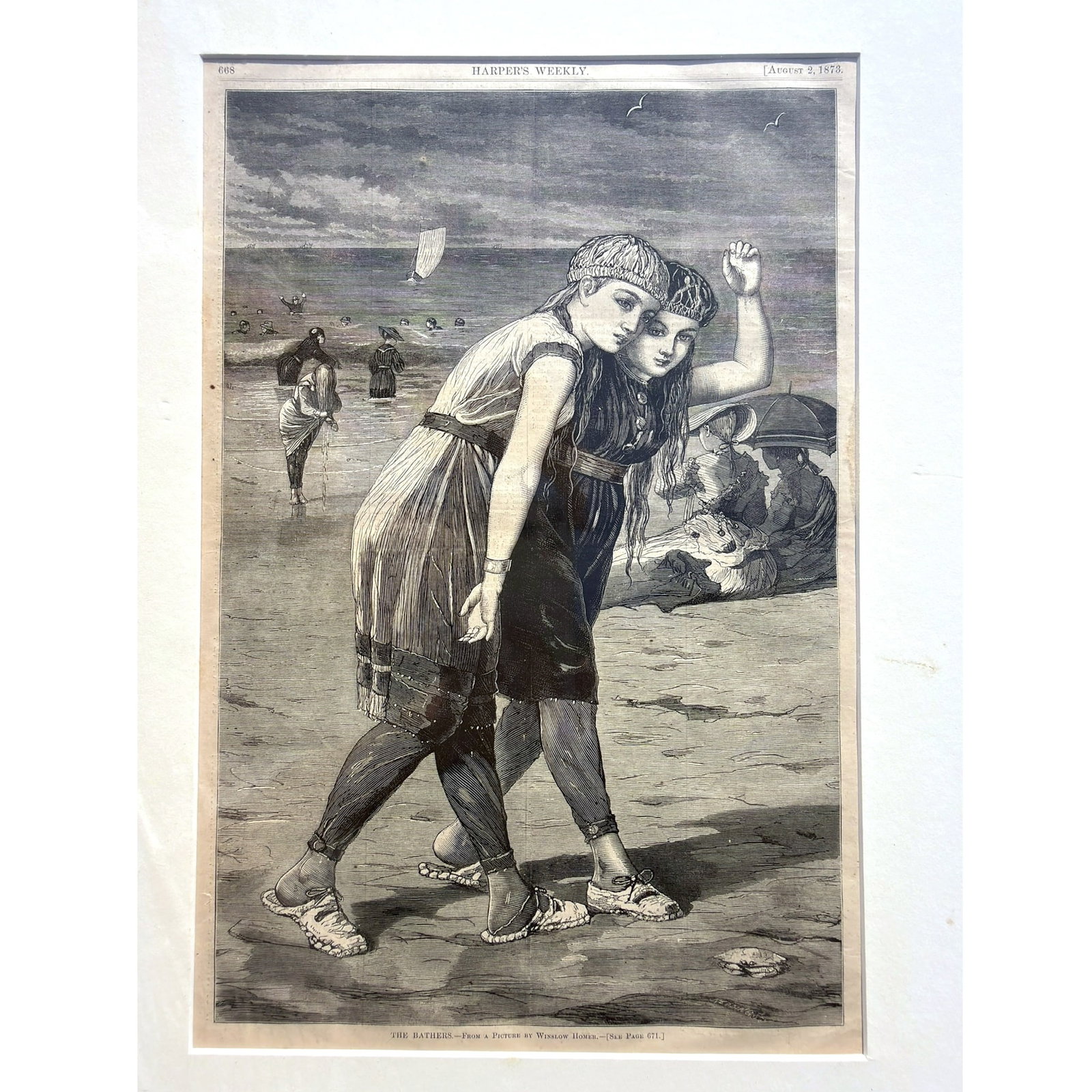 1873 WINSLOW HOMER, THE BATHERS LITHOGRAPH: "The Bathers" from August 2nd 1873 Harpers Weekly. Matted with backing. 14 5/8 h, 9 7/8" w