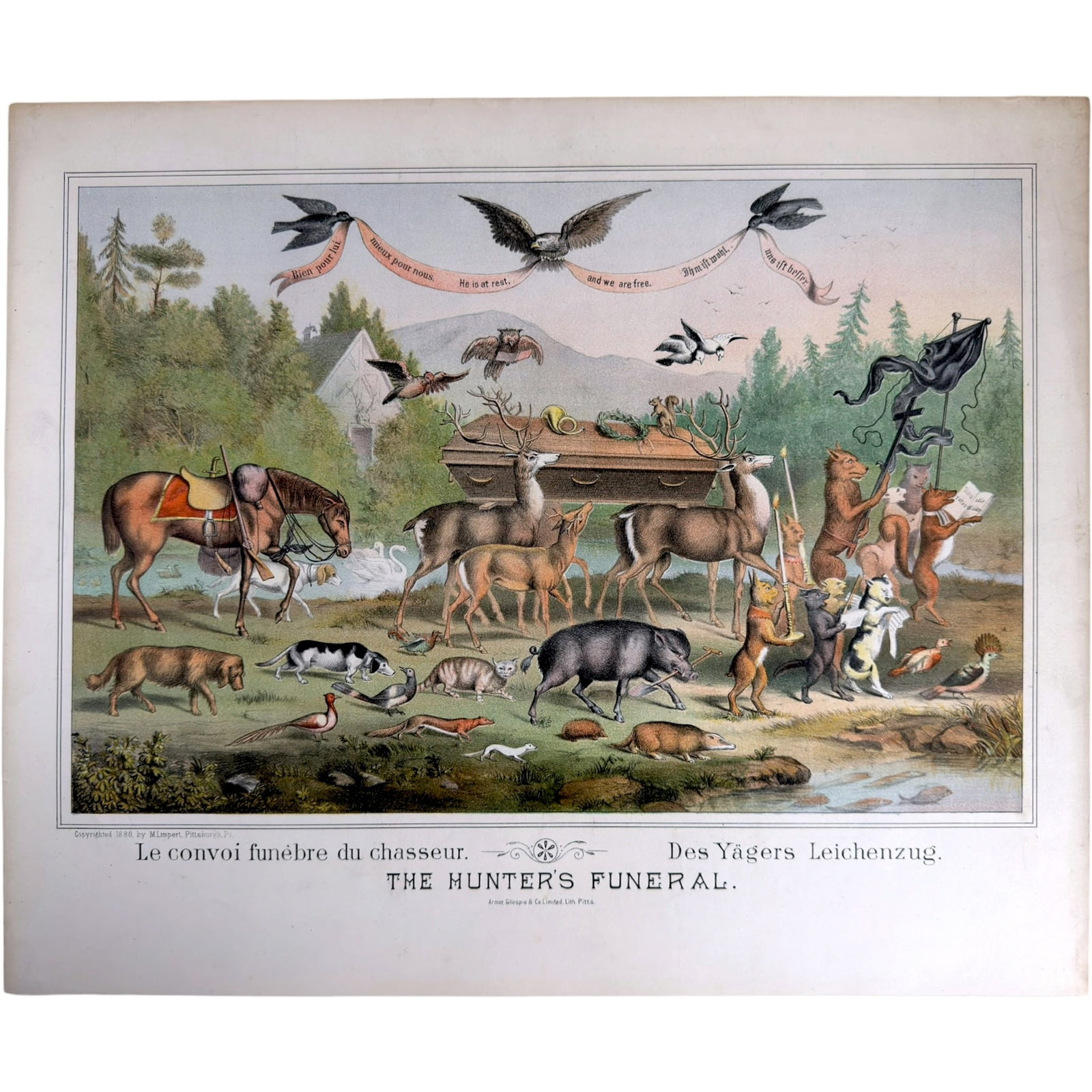 (19th c) CHROMOLITHOGRAPH of THE HUNTERS FUNERAL: M. Limpert copyright 1880, Pittsburgh Pennsylvania. 18 3/4 h, 22 1/2" w