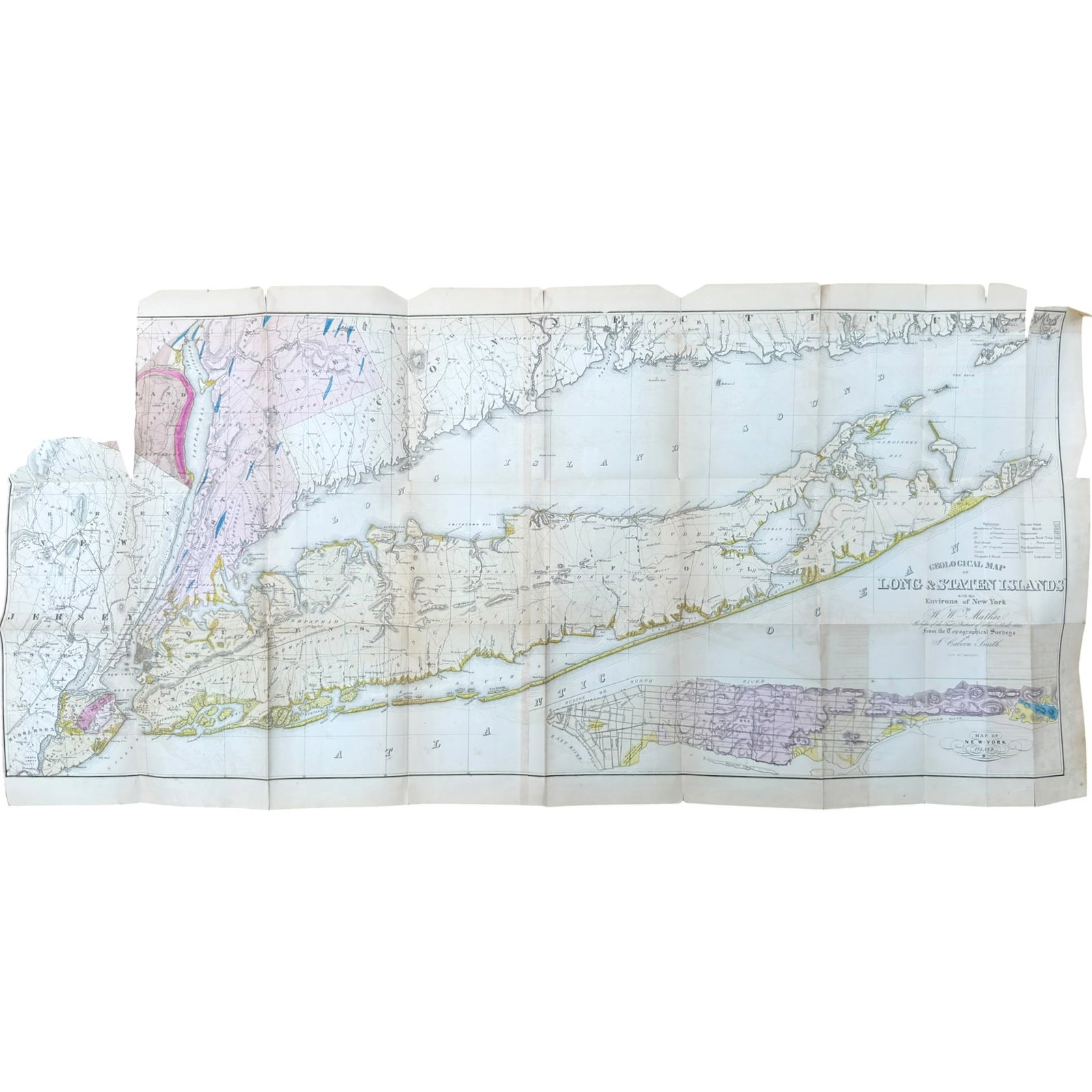 1842 W.W. MATHER GEOLOGICAL MAP OF LONG ISLAND: 1842 Geological map of Long Island and Staten Island with the Environs of New York. From the topographical Surveys of J. Calvin Smith.