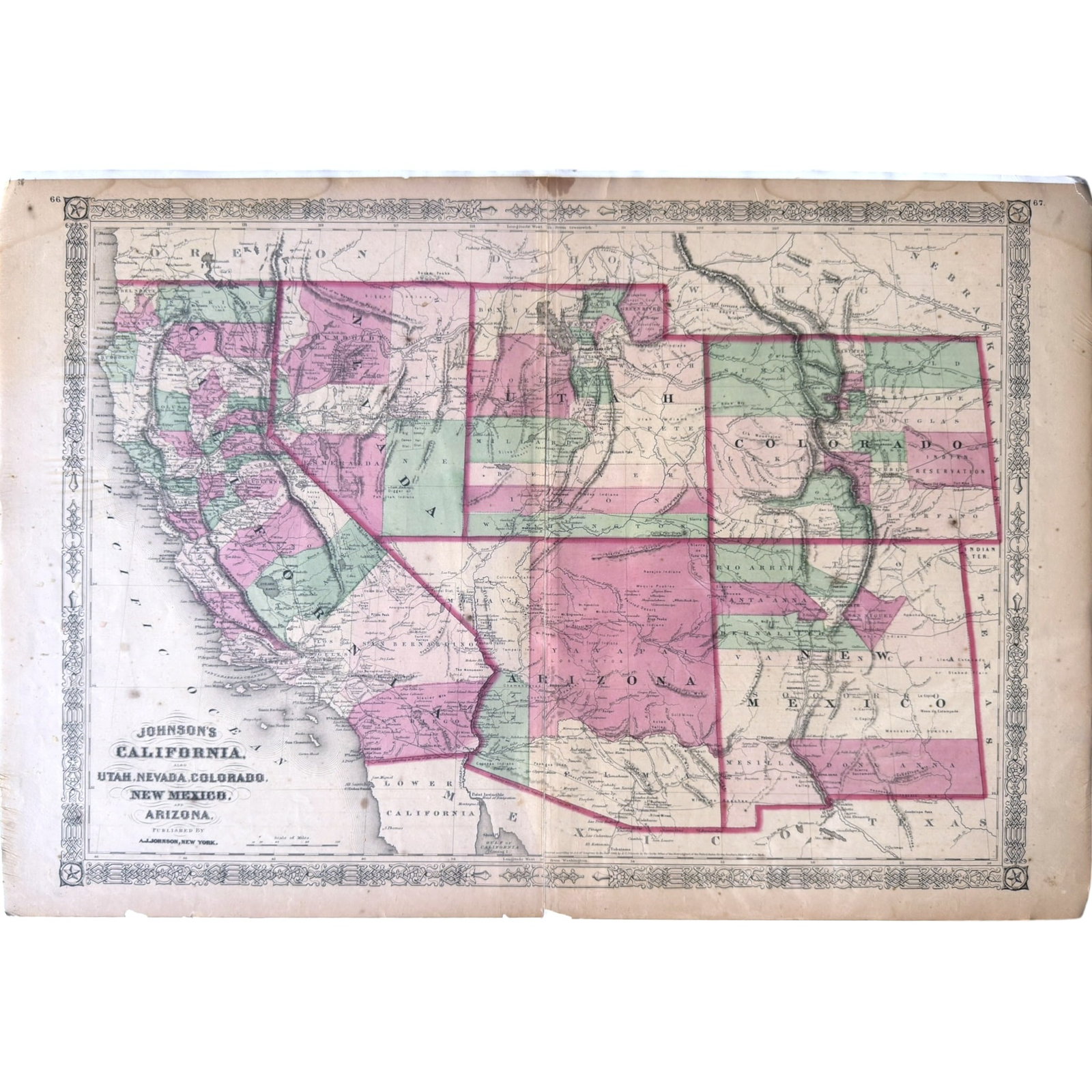 1864 JOHNSONS MAP OF CALIFORNIA (AND SOUTHWEST): 1864 A.J. Johnson Publishers map of California, Utah, Nevada, Colorado, New Mexico and Arizona.
