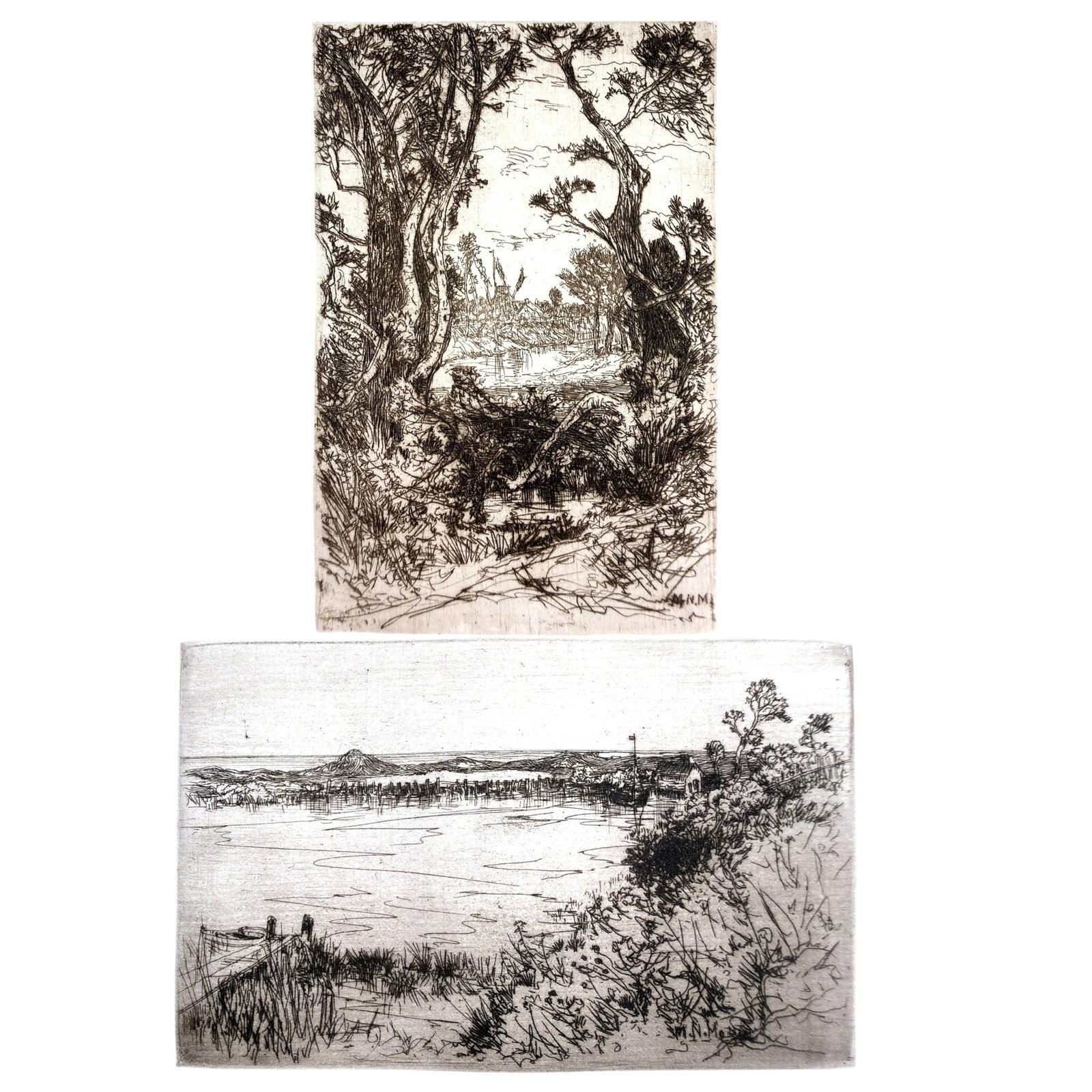 (19th c.) MARY NIMMO MORAN - TWO LITHOGRAPHS of EAST HAMPTON NY: M. Nimi Moran C. 1880's lithographs of the East Hampton Windmill and a view from a dock of what appears to be Hook Pond. 5 7/8 h, 3 3/4 w and 3 1/2 h, 5 7/8" w