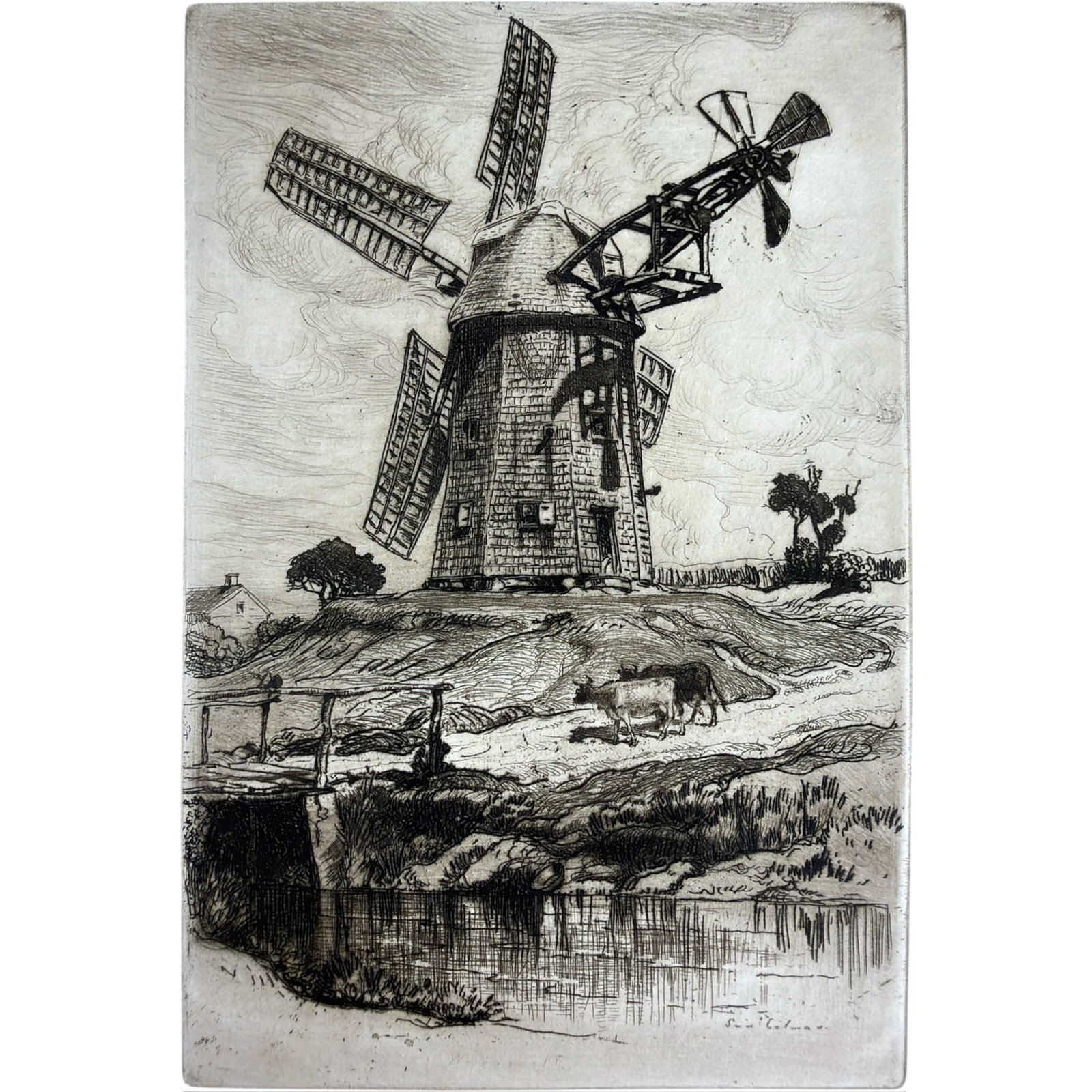 (19th c.) SAMUEL COLMAN - OLD MILL AT WAINSCOTT L.I.: c. 1860-70's Samuel Colman 1832-1920, Etching of "An Old Mill at Wainscotte L.I." matted and backed, mill from Wainscott in the Hamptons in New York's Long Island. 9 h, 6"w