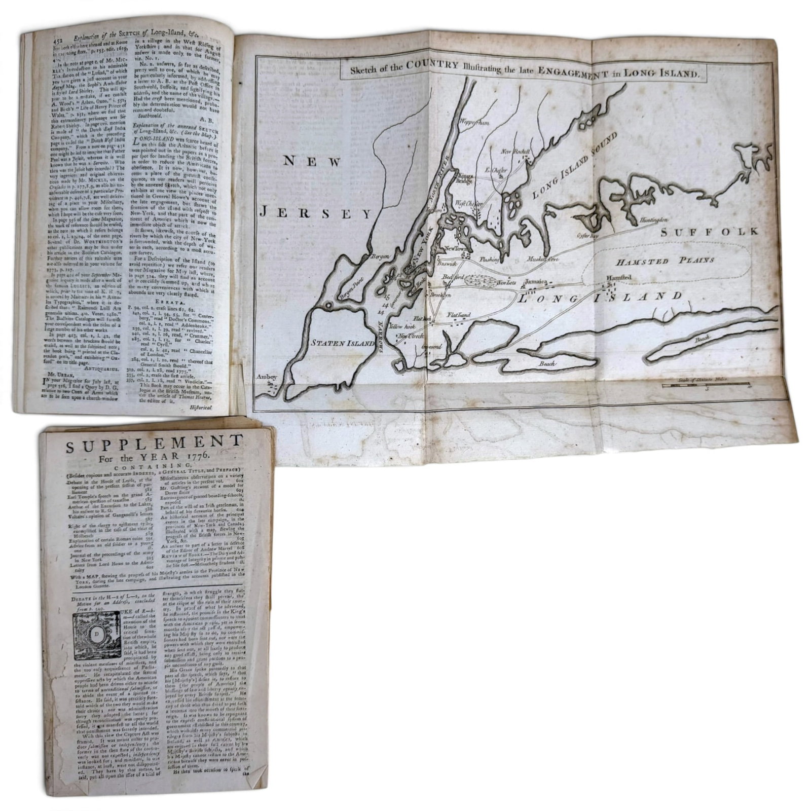 1776 THE GENTLEMANS MAGAZINE with MAP OF LONG ISLAND: C 1776 Magazine - "the Gentleman's Magazine and supplement for the year 1776, with folding map of Long Island / Sketch of the Country Illustrating the late Engagement in Long Island.