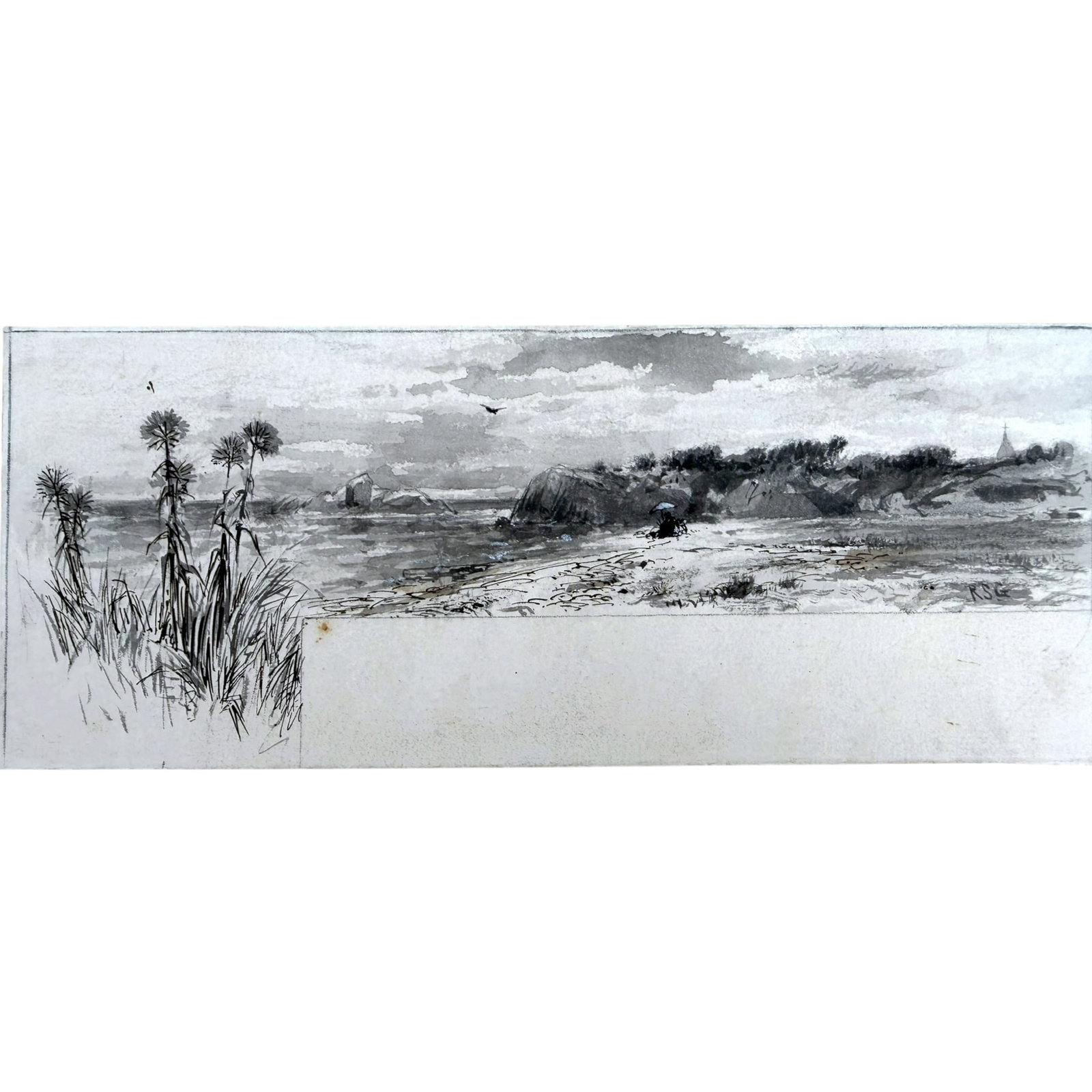 ROBERT SWAIN GIFFORD (1840-1905) INK on PAPER: “The Bathing Beach and Headlands” Ink Wash and Pen & Ink Laid to paperboard
