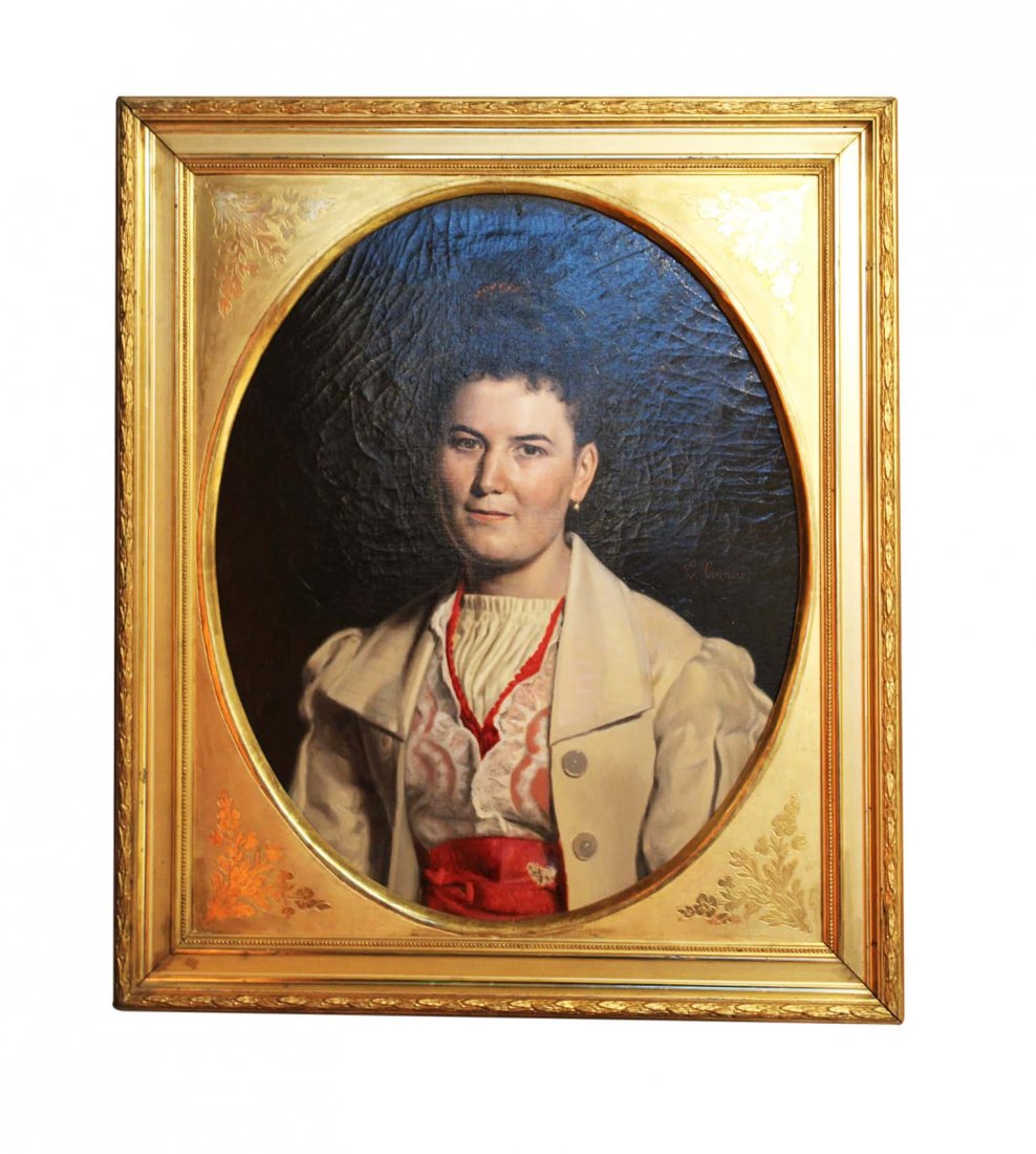 Italian antique portrait: A portrait painted on canvas in the late 19th century depicting a young Italian in festive clothes. The portrait is framed in an ornate gilded frame. There is an author's signature.DETAILS:*Dimensions