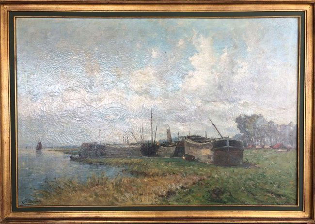 Frans Van Damme " Ships graveyard": Frans Van Damme (1858-1925, Belgian),oil on canvas, signed lower left. Dimensions : H= 100cm, W= 150cm. KEYWORDS: FRANS VAN DAMME; SHIPS GRAVEYARD; BELGIUM; BELGIAN; OIL PAINTING; OIL ON CANVAS; SIGNE