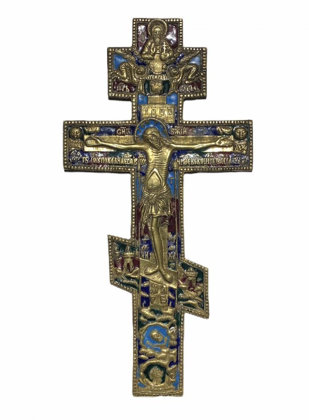 Antique Russian Orthodox enameled bronze Icon Cross (1 of 2)