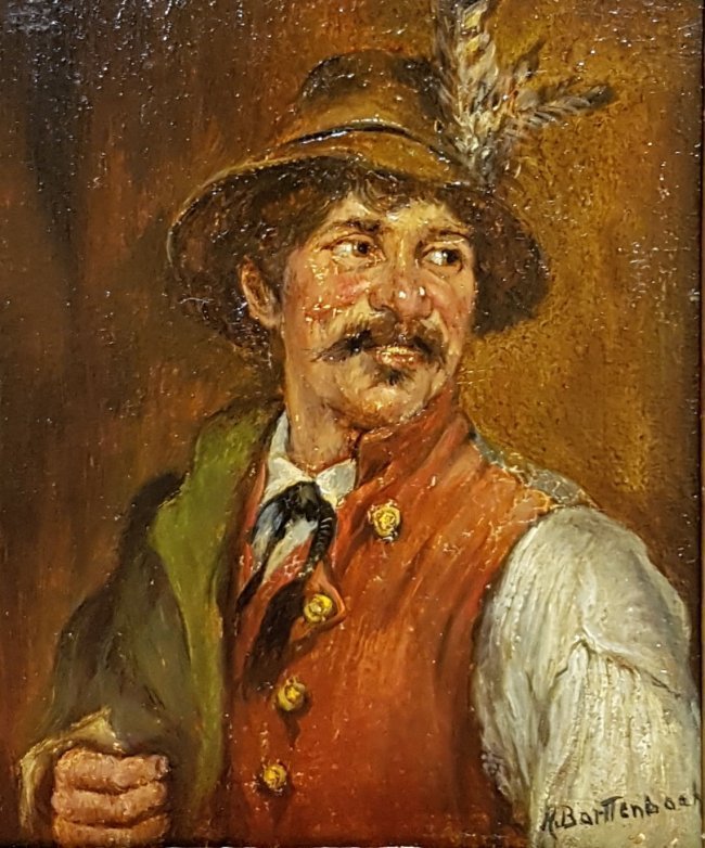 Hans Barttenbach (b. 1908) Poortrait of a Tyrolean: Oil on panel painting by German painter Hans Barttenbach born 1908, portrait of a Tyrolean gentleman, 12cm x 10cm, 25cm x 23cm frame, signed L.R.
