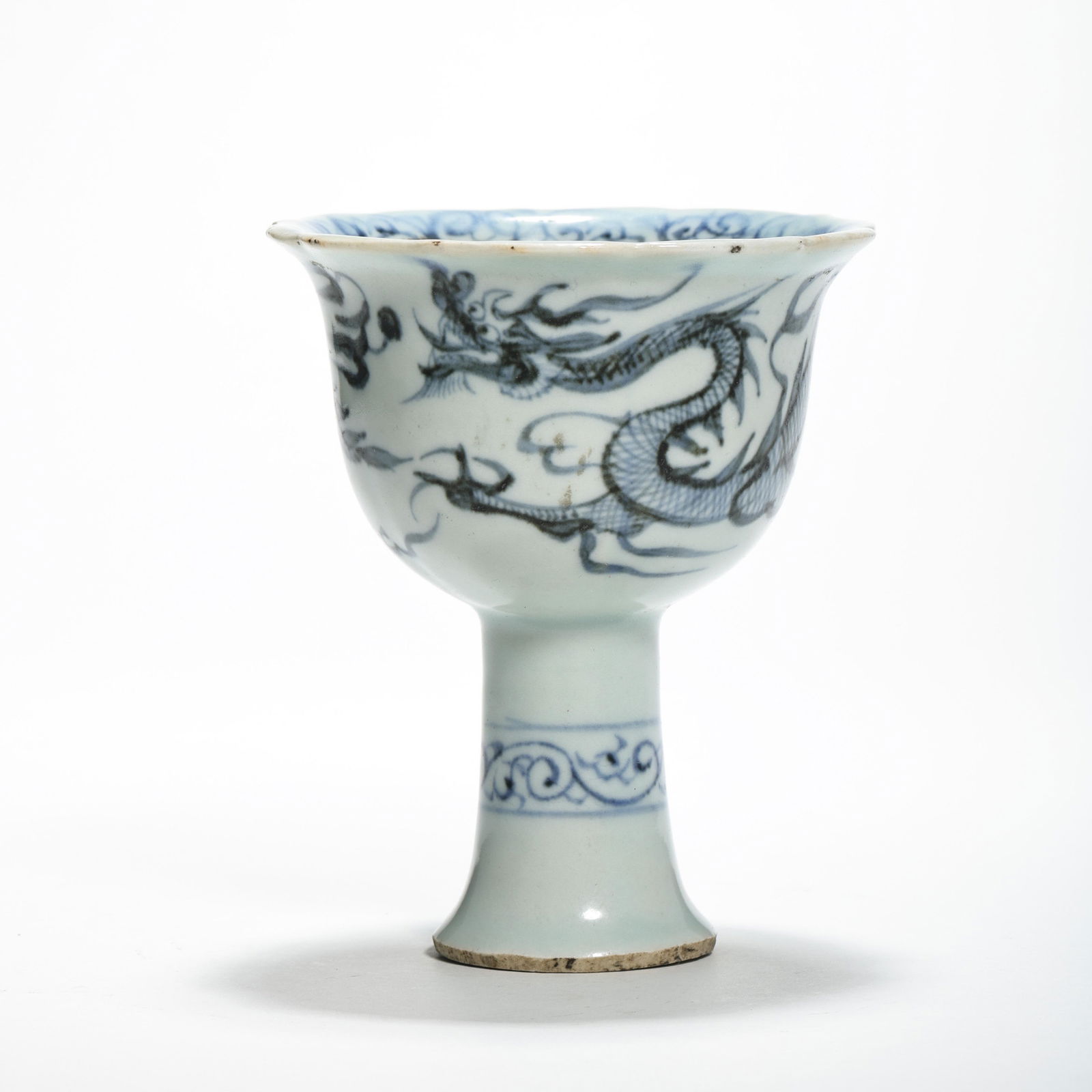 YUAN DYNASTY BLUE AND WHITE DRAGON HIGH FOOT CUP (1 of 8)