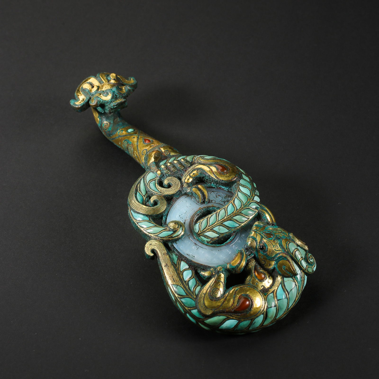 CHINESE BRONZE BELT HOOK INLAID WITH GOLD AND HETIAN (1 of 8)
