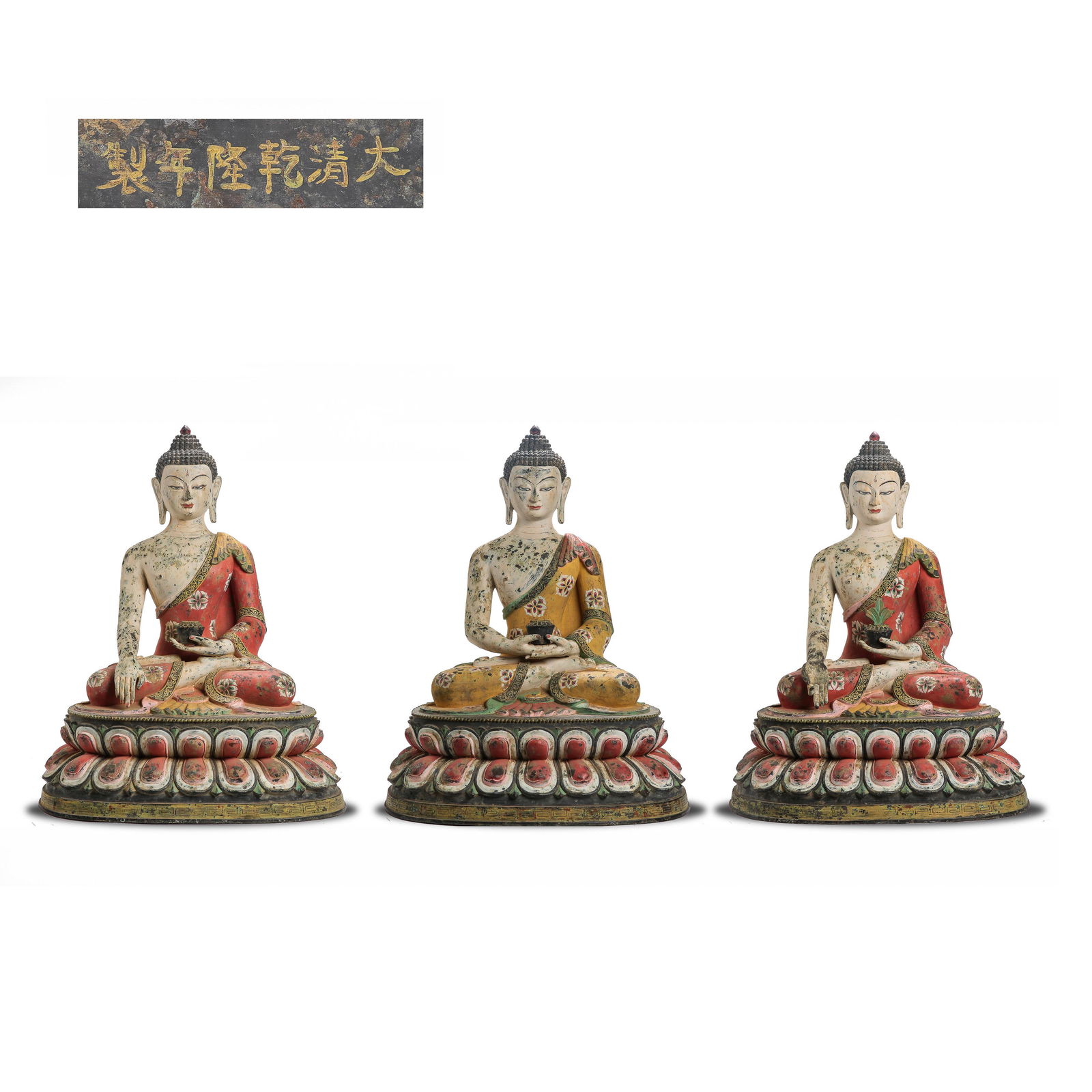 THREE PAINTED BRONZE BUDDHAS, QIANLONG PERIOD OF THE (1 of 16)