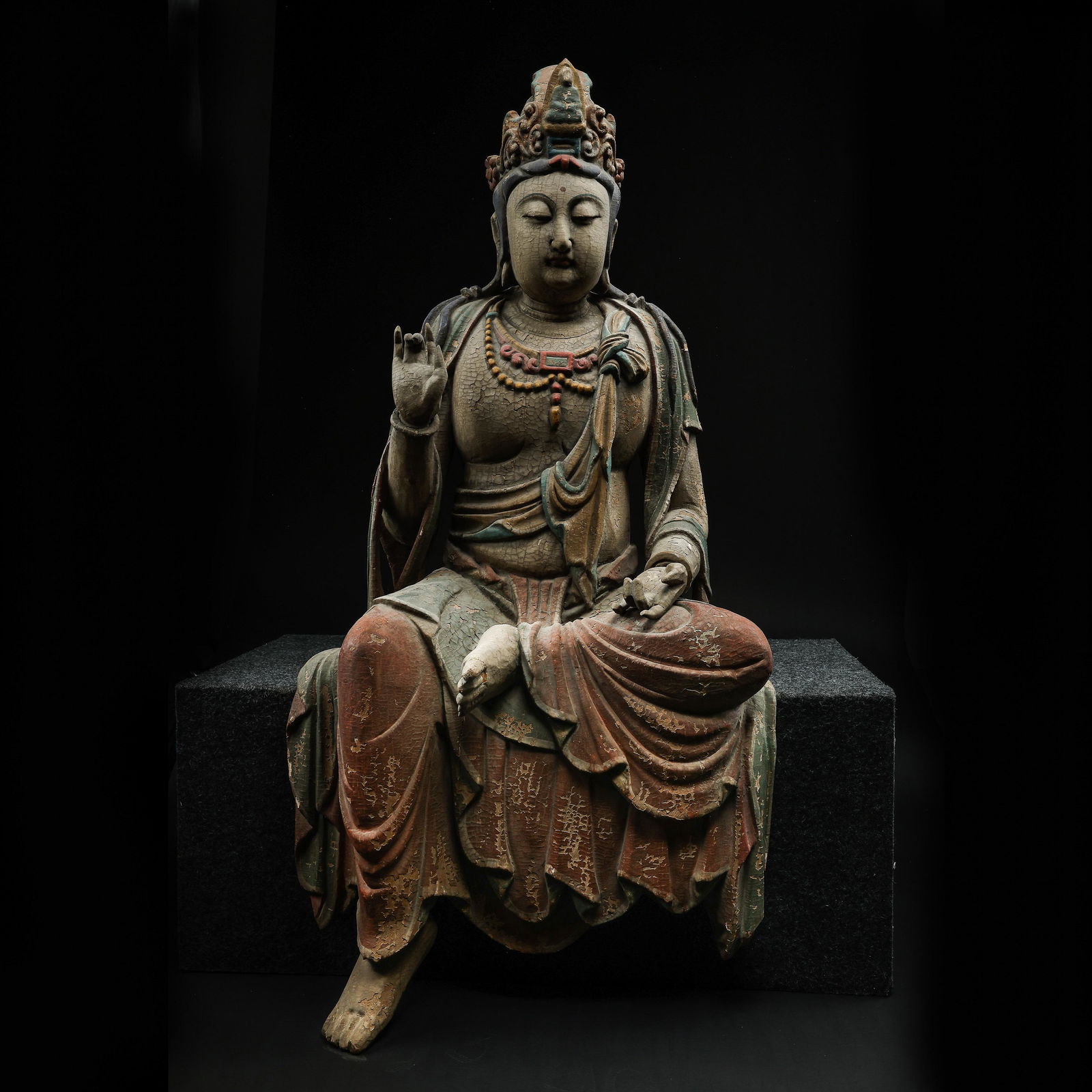 CHINESE MING DYNASTY WOODEN PAINTED BUDDHA SITTING (1 of 7)