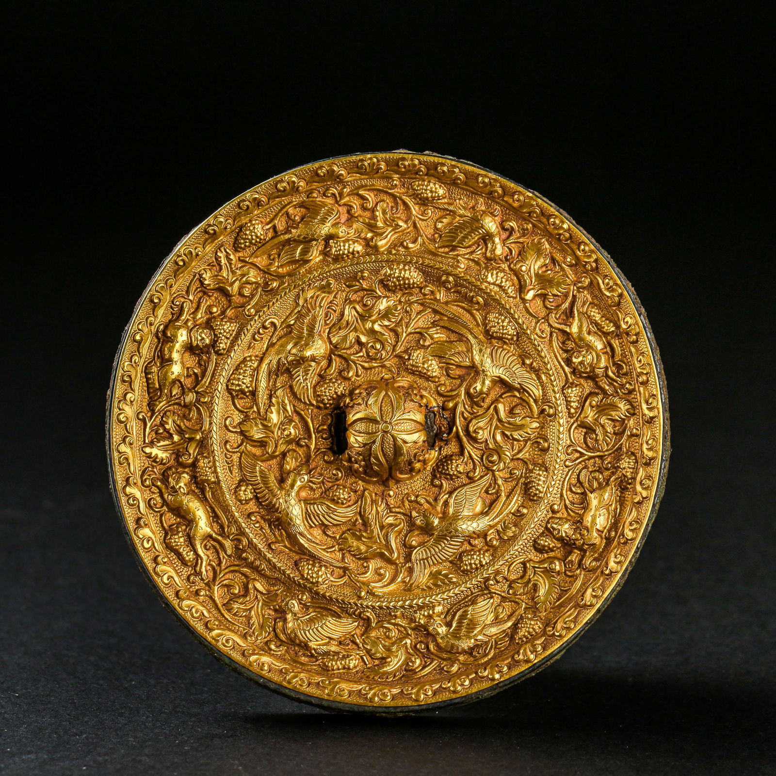 CHINESE TANG DYNASTY BRONZE GOLD SHELL MIRROR (1 of 7)