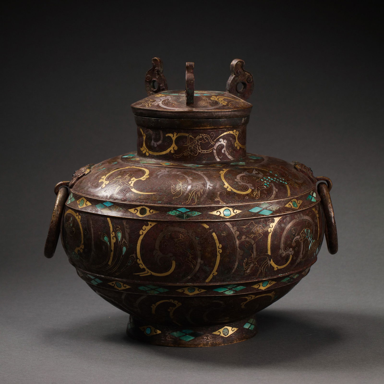 BRONZE AMPHORA INALID WITH GOLD, WARRING STATES PERIOD OR HAN DYNASTIES (1 of 14)