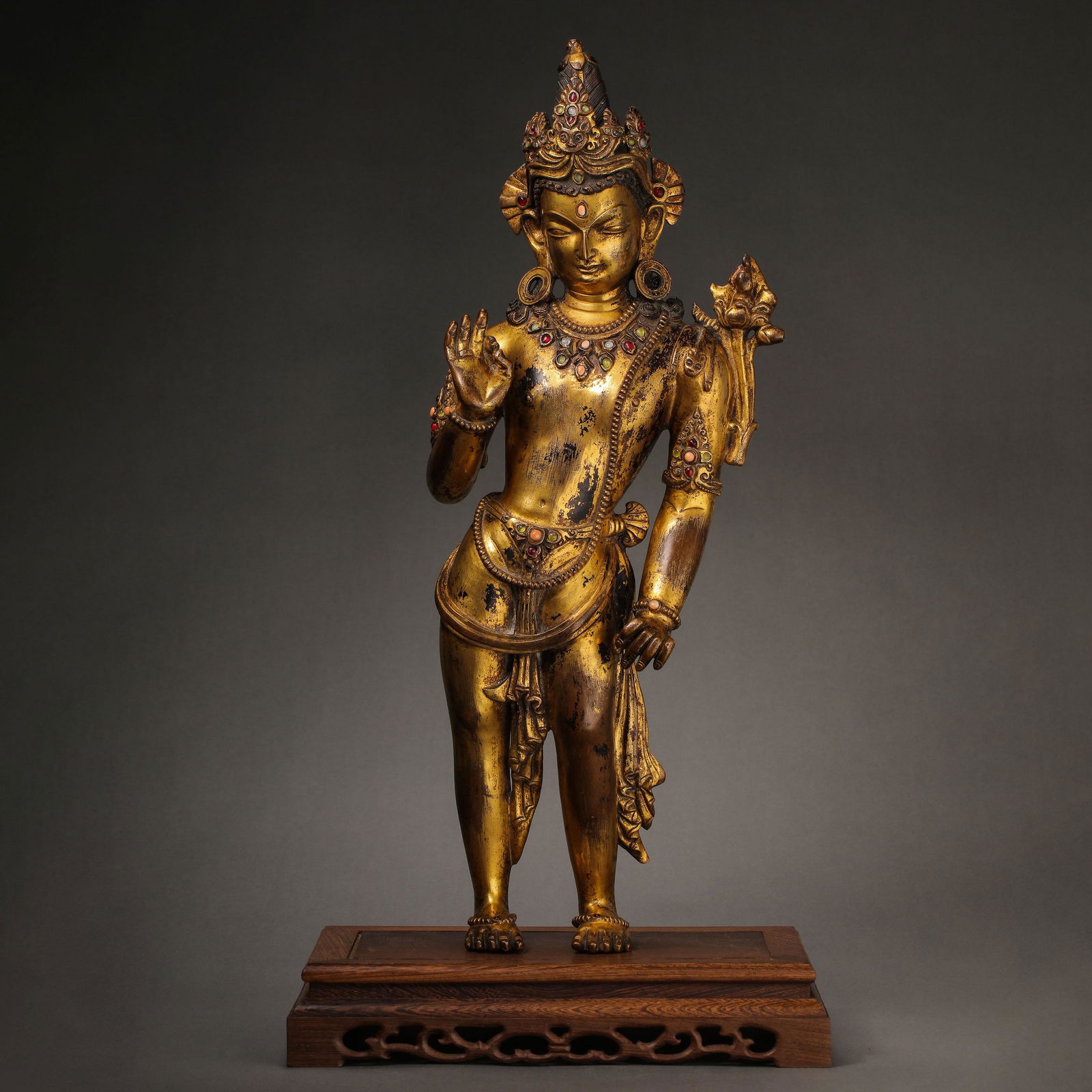CHINESE YUAN DYNASTY BRONZE GILDED GEM-INLAID BUDDHA STANDING STATUE (1 of 10)