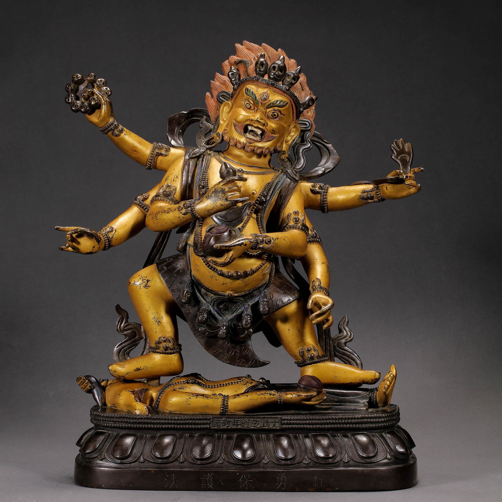 CHINESE QING DYNASTY QIANLONG COPPER PARTIAL GOLD SIX-PIN BUDDHA STATUE: CHINESE QING DYNASTY QIANLONG COPPER PARTIAL GOLD SIX-PIN BUDDHA STATUE ; H. 36 cm. W. 29 cm. Weight 9800 gram.