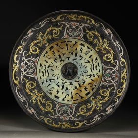 CHINESE WARRING STATES PERIOD OF GOLD AND SILVER INSET GEM INSET HETIAN JADE BRONZE MIRROR
