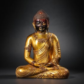 CHINESE MING DYNASTY BRONZE GILT SAKYAMUNI BUDDHA SITTING STATUE
