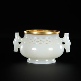 CHINESE QING DYNASTY HOTAN WHITE JADE MOUTH DOUBLE EAR FURNACE