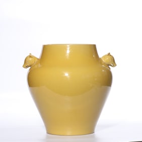 YELLOW GLAZE DOUBLE BEAST EAR STATUE, HONGZHI PERIOD, MING DYNASTY, CHINA