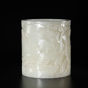 CHINESE QING DYNASTY HETIAN WHITE JADE FINE CARVED PEN HOLDER