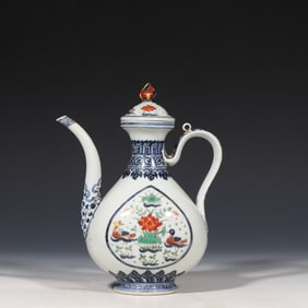 BLUE AND WHITE COLORFUL MANDARIN DUCKS WERE SPLASHING IN THE WATER PATTERN, XUANDE PERIOD, MING