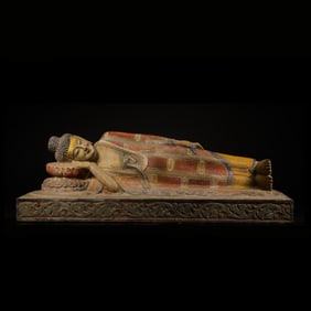 BLUESTONE PAINTED LYING BUDDHA, NORTHERN WEI DYNASTY, CHINA
