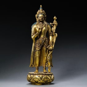 CHINESE QING DYNASTY BRONZE GILT MONGOLIAN BUDDHA STANDING STATUE