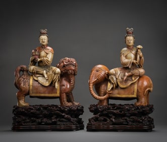 A PAIR OF CHINESE QING DYNASTY SHOUSHAN STONE FIGURES SITTING