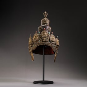 CHINESE QING DYNASTY BRONZE GILT CAP AND CROWN INLAID WITH GEMS