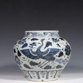 CHINESE YUAN DYNASTY BLUE AND WHITE DOUBLE PHOENIX PATTERN POT