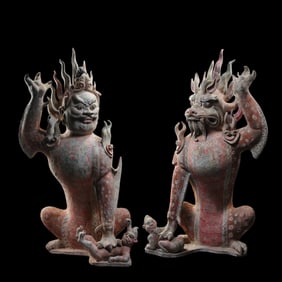 A PAIR OF CHINESE HAN DYNASTY PAINTED POTTERY TOWN TOMB BEASTS