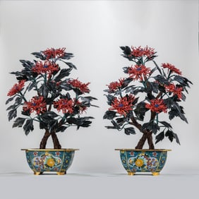 A PAIR OF CHINESE QING DYNASTY CLOISONNE BONSAI