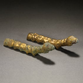 A PAIR OF CHINESE HAN DYNASTY BRONZE GILT SILKWORMS