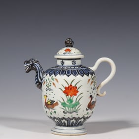 BLUE AND WHITE COLORFUL MANDARIN DUCKS WERE SPLASHING IN THE WATER PATTERN,  XUANDE PERIOD, MING