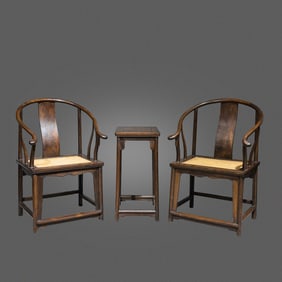 A GROUP OF CHINESE QING DYNASTY YELLOW PEAR WOOD ARMCHAIR
