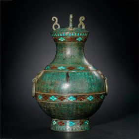 CHINESE WARRING STATES PERIOD OF GOLD AND SILVER INLAID WITH PRECIOUS STONES DOUBLE COVER POT