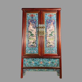 CHINESE QING DYNASTY YELLOW ROSEWOOD INLAID CLOISONNE BAR CABINET