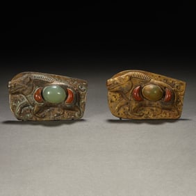 A PAIR OF CHINESE WARRING STATES PERIOD INLAID JADE BUCKLE