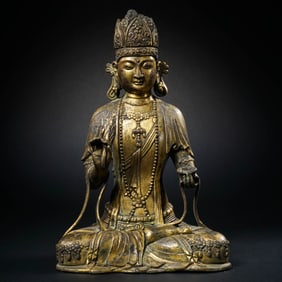 CHINESE MING DYNASTY BRONZE GOLD BUDDHA SITTING STATUE