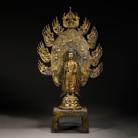 CHINESE NORTHERN WEI DYNASTY BRONZE GOLDEN BUDDHA STANDING STATUE