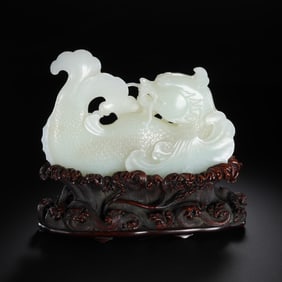 CHINESE QING DYNASTY HOTAN WHITE JADE DRAGON DECORATION