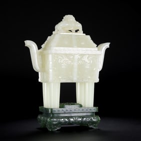 CHINESE QING DYNASTY HOTAN WHITE JADE SQUARE COVER STOVE