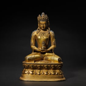 CHINESE MING DYNASTY BRONZE GOLD BUDDHA SITTING STATUE