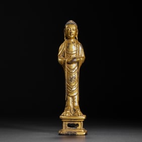 CHINESE LIAO DYNASTY BRONZE GOLD BUDDHA STANDING STATUE