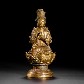CHINESE LIAO DYNASTY BRONZE GOLD BUDDHA SITTING STATUE