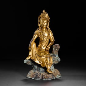 CHINESE QING DYNASTY BRONZE GILT AVALOKITESVARA SITTING STATUE