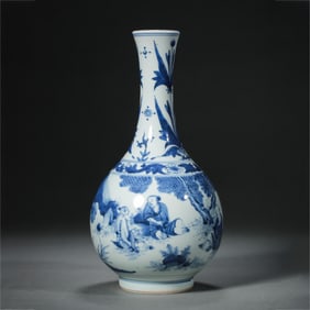 CHINESE QING DYNASTY BLUE AND WHITE CHARACTERS STORY PATTERN LONG NECK VASE